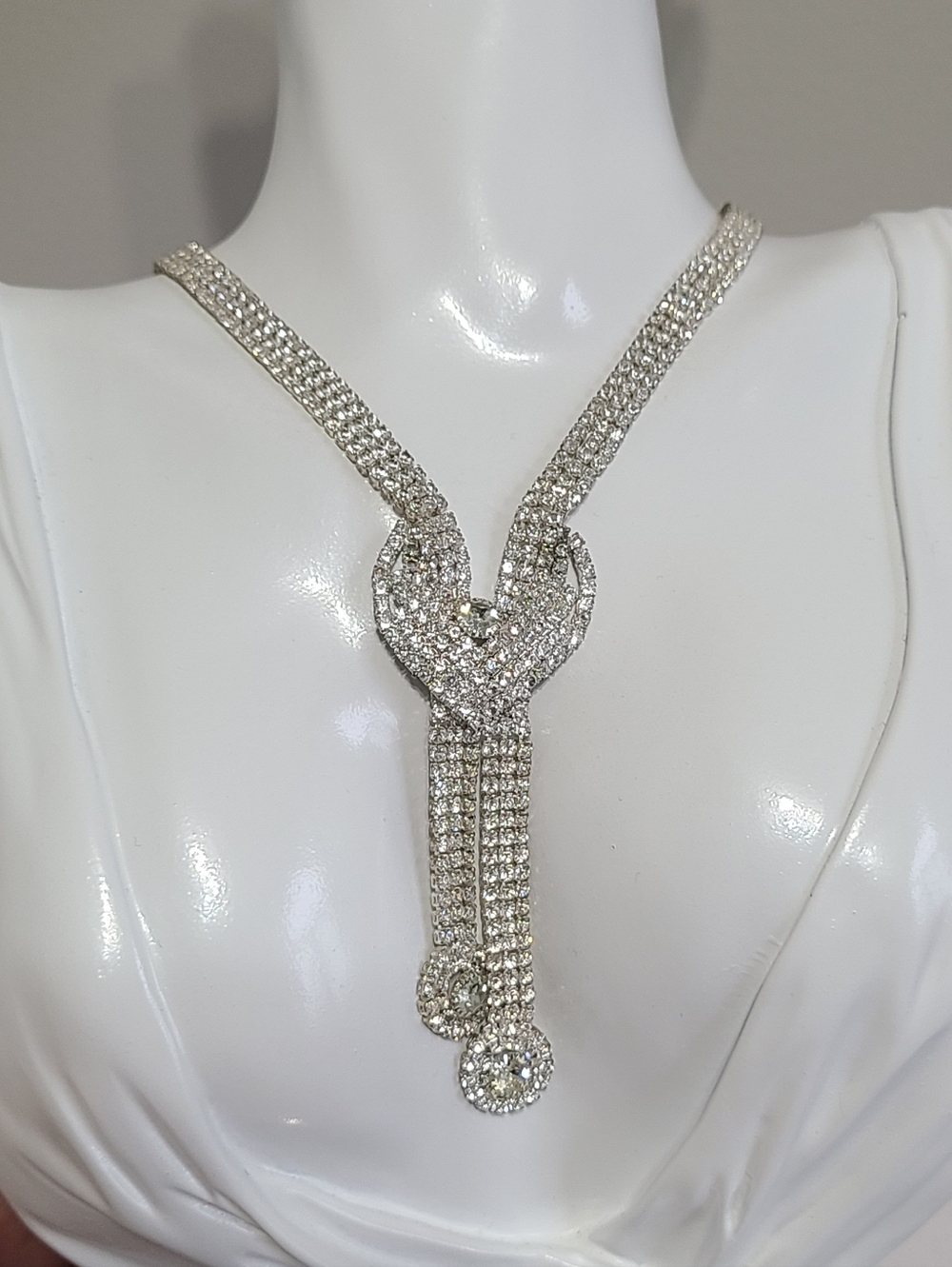 Vintage Style Evening Formal Silver Pave Crystal Rhinestone Tie Drop Necklace